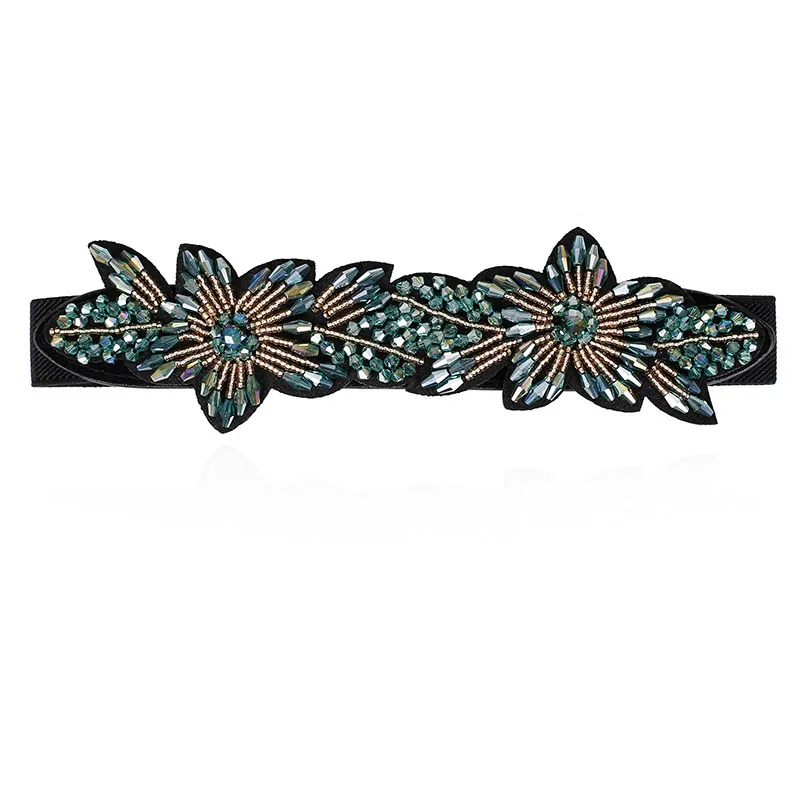 Korean Floral Beaded Waist Cincher - Thin Stretch Belt for Evening Dresses, Delicate Party Belt
