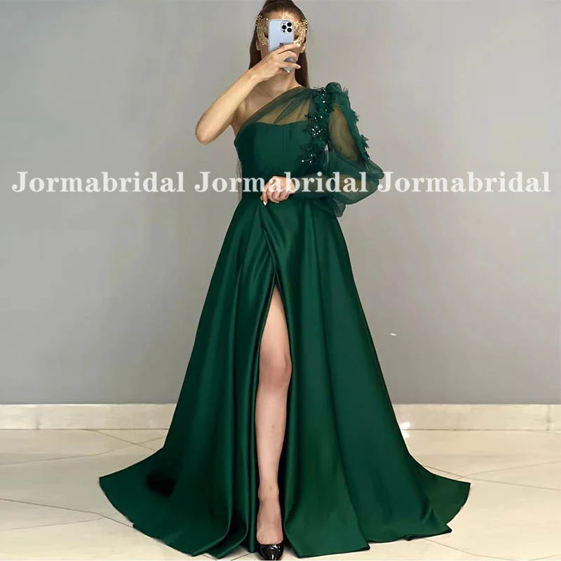 

High Slit Emerald Green Prom Dress Sheer One Shoulder Long Puff Sleeve Beaded Applique Satin Evening Dresses فساتين مناسبة رسمية