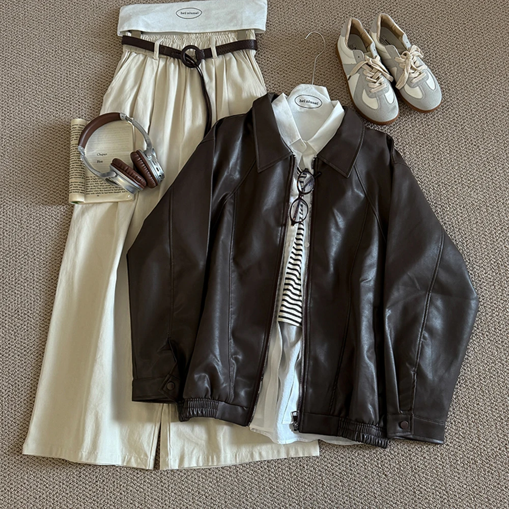 レトロシックPUレザージャケット レディース 2025 春秋 ファッション ラペル 多機能 防風 スイート＆クール BFスタイル 女性用アウター