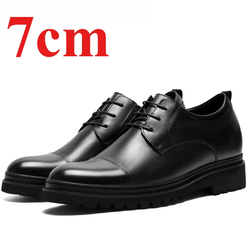 Genuine Leather Men's Dress Shoes 7cm for Elevator Breathable Lightweight Comfortable Height Increasing Shoe Wedding Derby Shoes