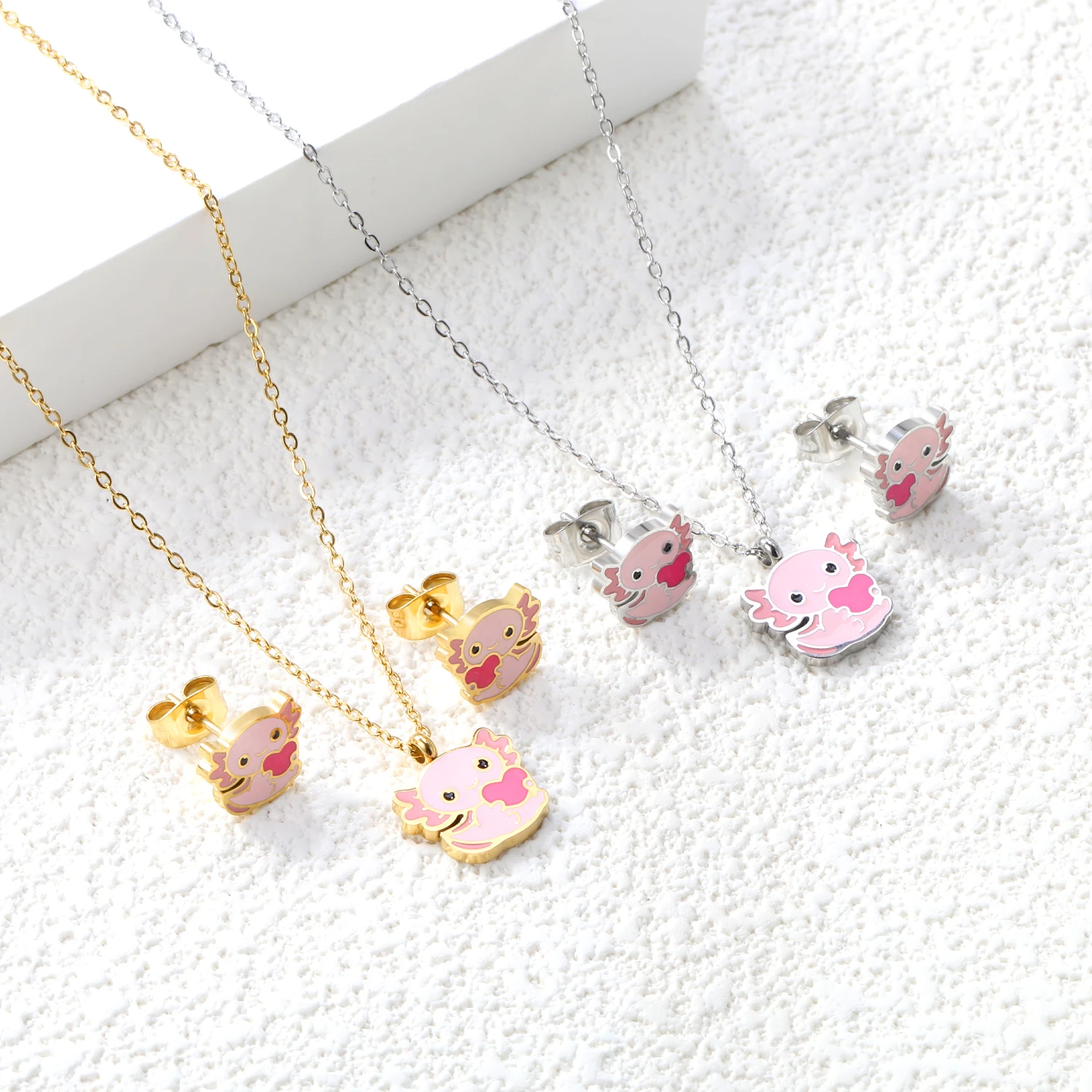 ASONSTEEL New Trendy Pink Dripping Oil Butterfly Crown Pendants Necklace Earring Sets For Women Stainless Steel Sweet Jewelry
