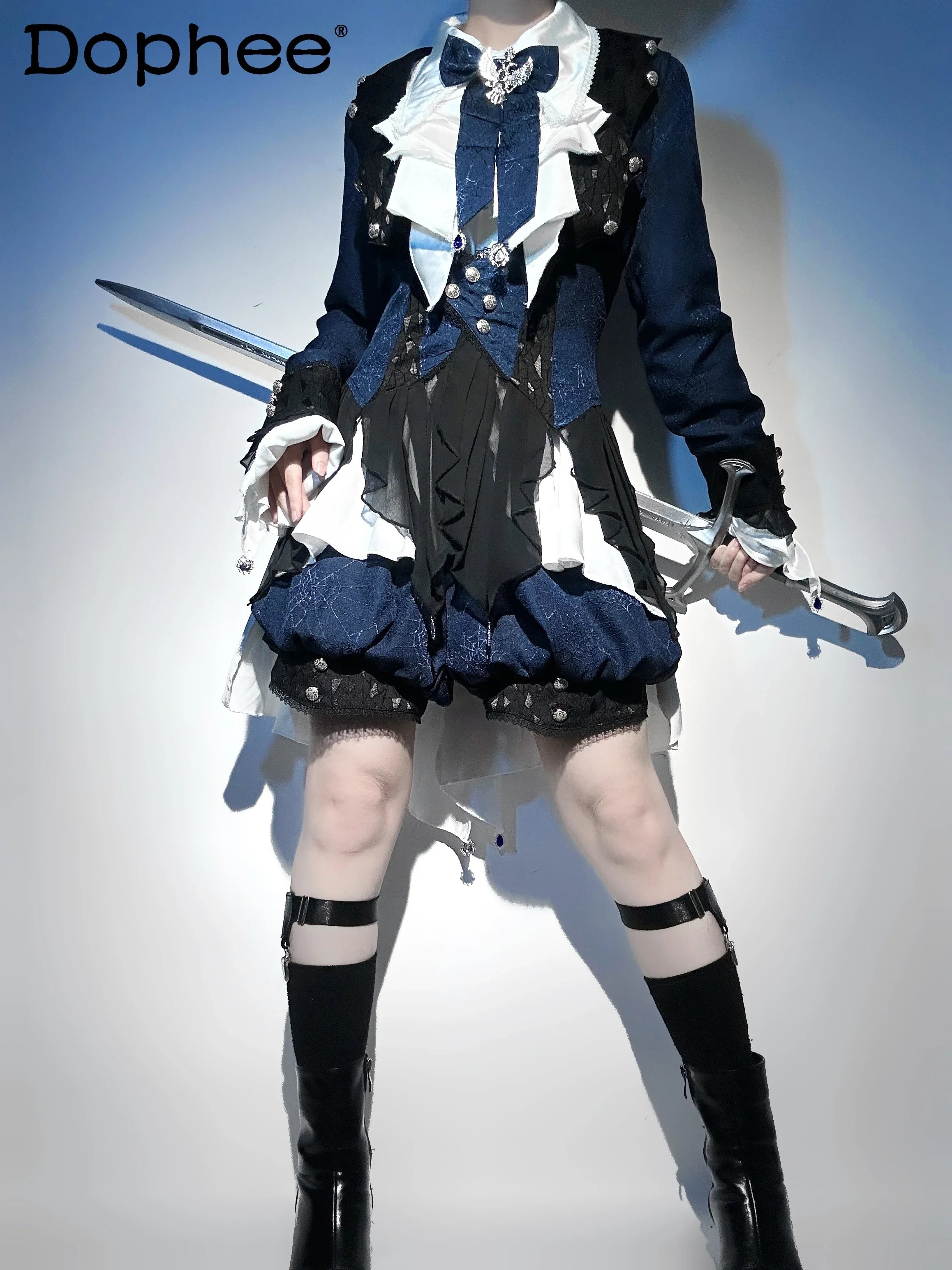 Mittelalterliches Lolita-Prinzen-Outfit-Set mit Jacquard-Jacke, exquisites weißes Hemdkleid und Shorts, Damen-Cosplay-Kleidung