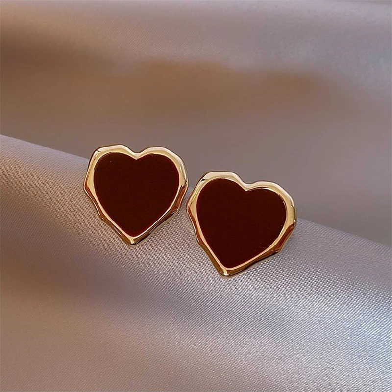 Big Peach Red Heart Stud Earrings for Women Korean Simple Fashion Enamel Cute Geometry Jewelry Accessories Gift