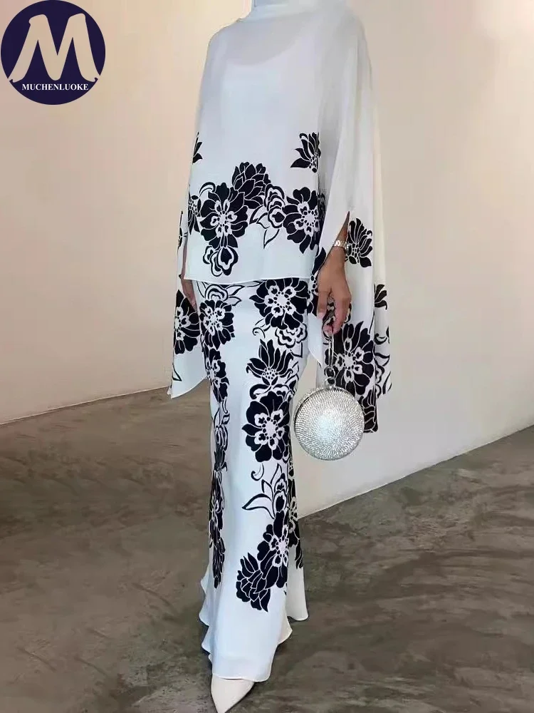 Summer 2-Piece Set Women's Elegant Casual Print High Collar Flare Sleeve Top Slim Fit Fashion Dress Combo