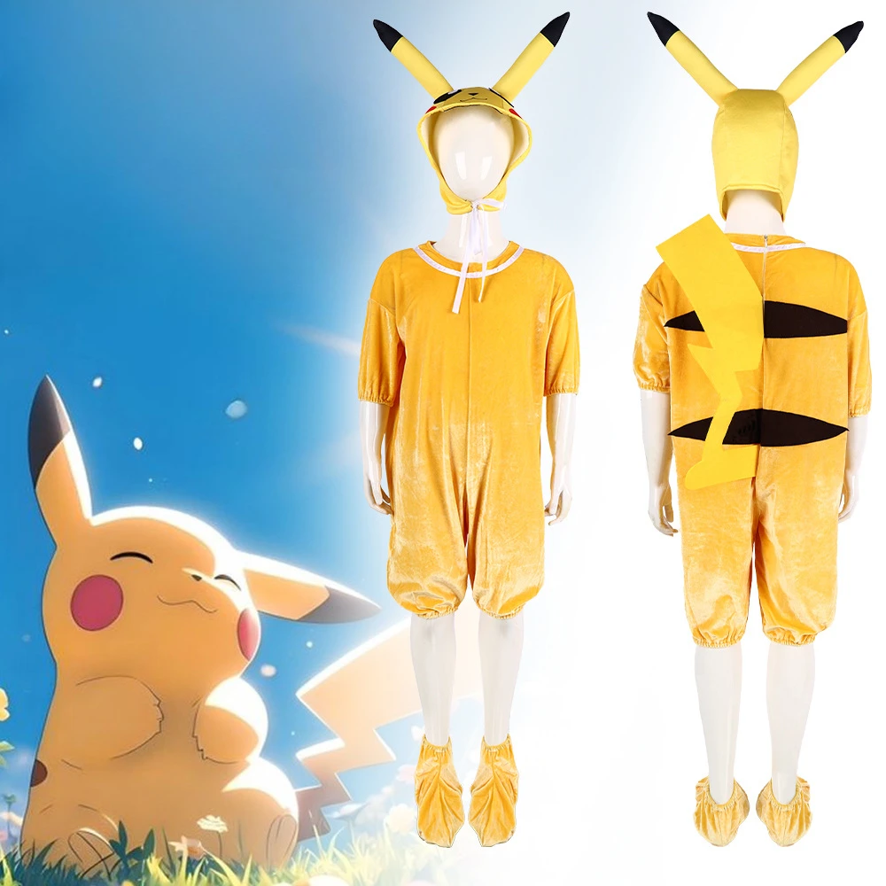 Pokemon Pikachu Yellow Jumpsuit with Cap Cosplay Costume Halloween Masquerade Carnival Party Costume Prop for Kids