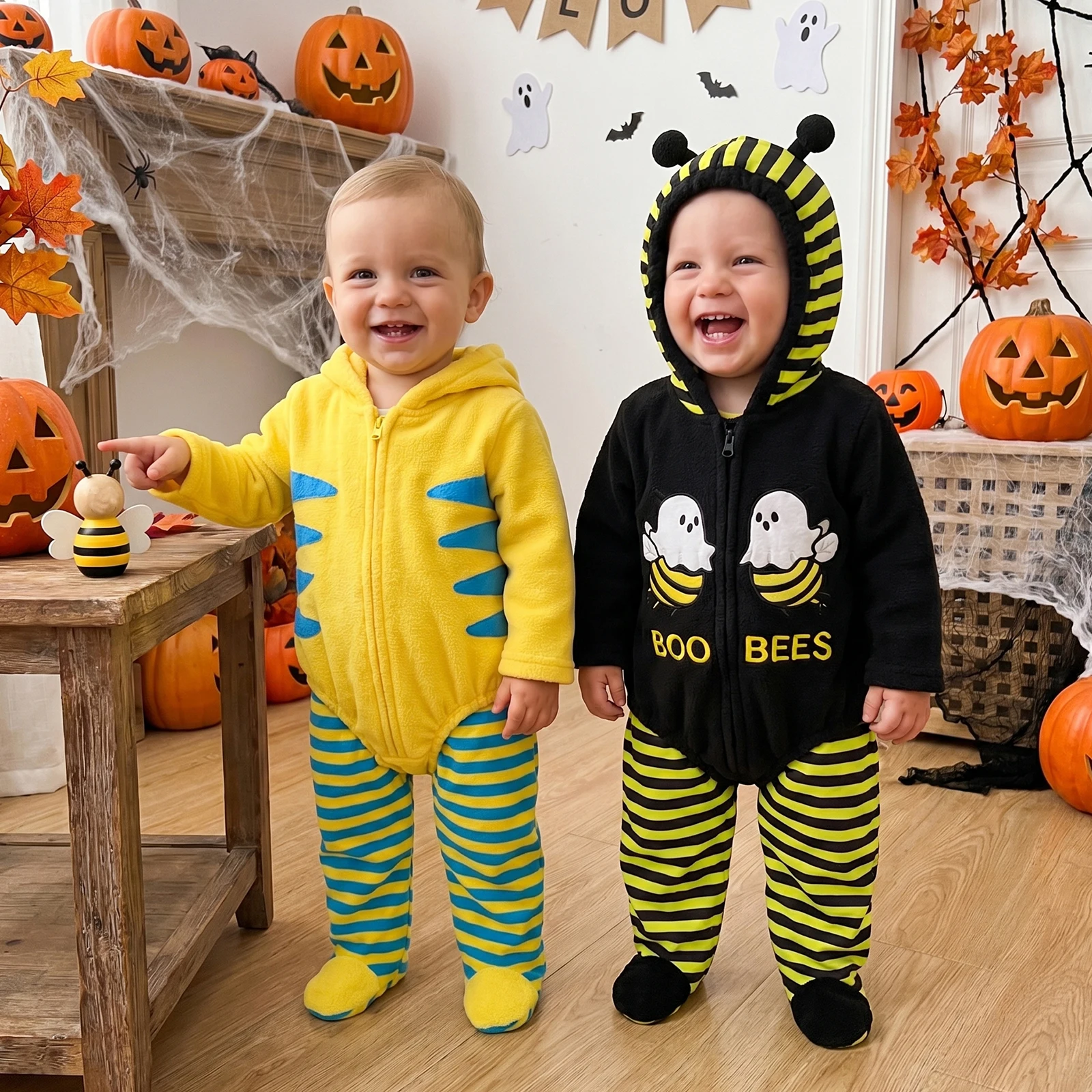 Infant Girl Boy Halloween Costume Hooded Zipper Romper Footed Leggings Boo Bees Cosplay Costume