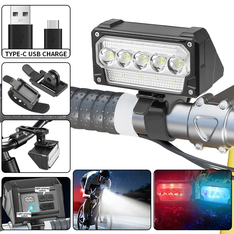 Fietslicht 15LED USB oplaadbare fietskoplamp Waterdicht Superheldere fietsverlichting voor nachtelijk rijden, fietskoplamp