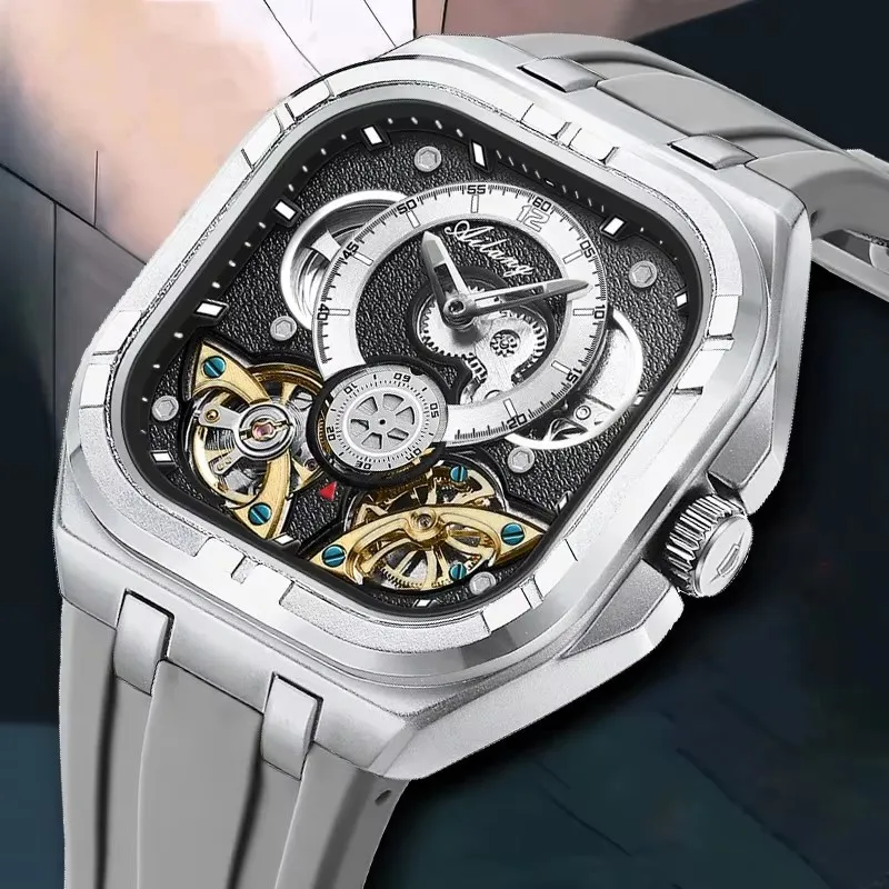 

Ailang новые мужские автоматические механические часы с квадратным циферблатом, водонепроницаемые спортивные часы со скелетом и двойным турбийоном, светящиеся элитные спортивные часы.