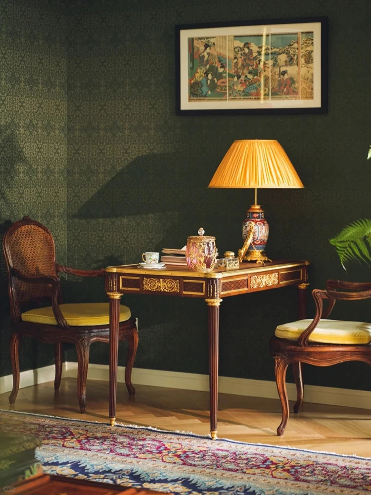 

TTFrench Louis XVI Style Classical Copper Gilt Engraved Desk Solid Wood Retro Writing Desk Antique Furniture Customization