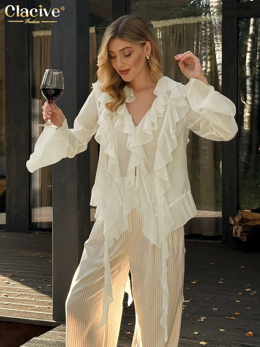 Clacive Sexy Loose Beige Women\'s Shirt 2025 Elegant V-Neck Long Sleeve Shirts Casual Classic Ruffle Lace-Up Top Female Clothing