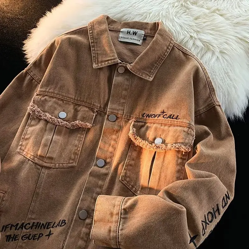 

Retro American Letter Embroidery Multi-ket Work Jaet Men's Early Autumn Loose Casual Couple Matchable Denim Coat