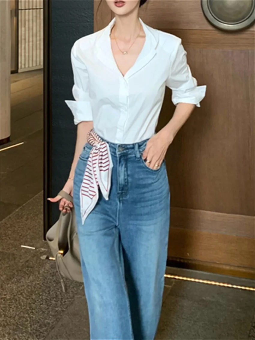 Alien Kitty Office Lady Solid Shirts Women Elegant New 2024 Flare Jeans Pants Autumn Chic Work Wear Vintage High Street Casual