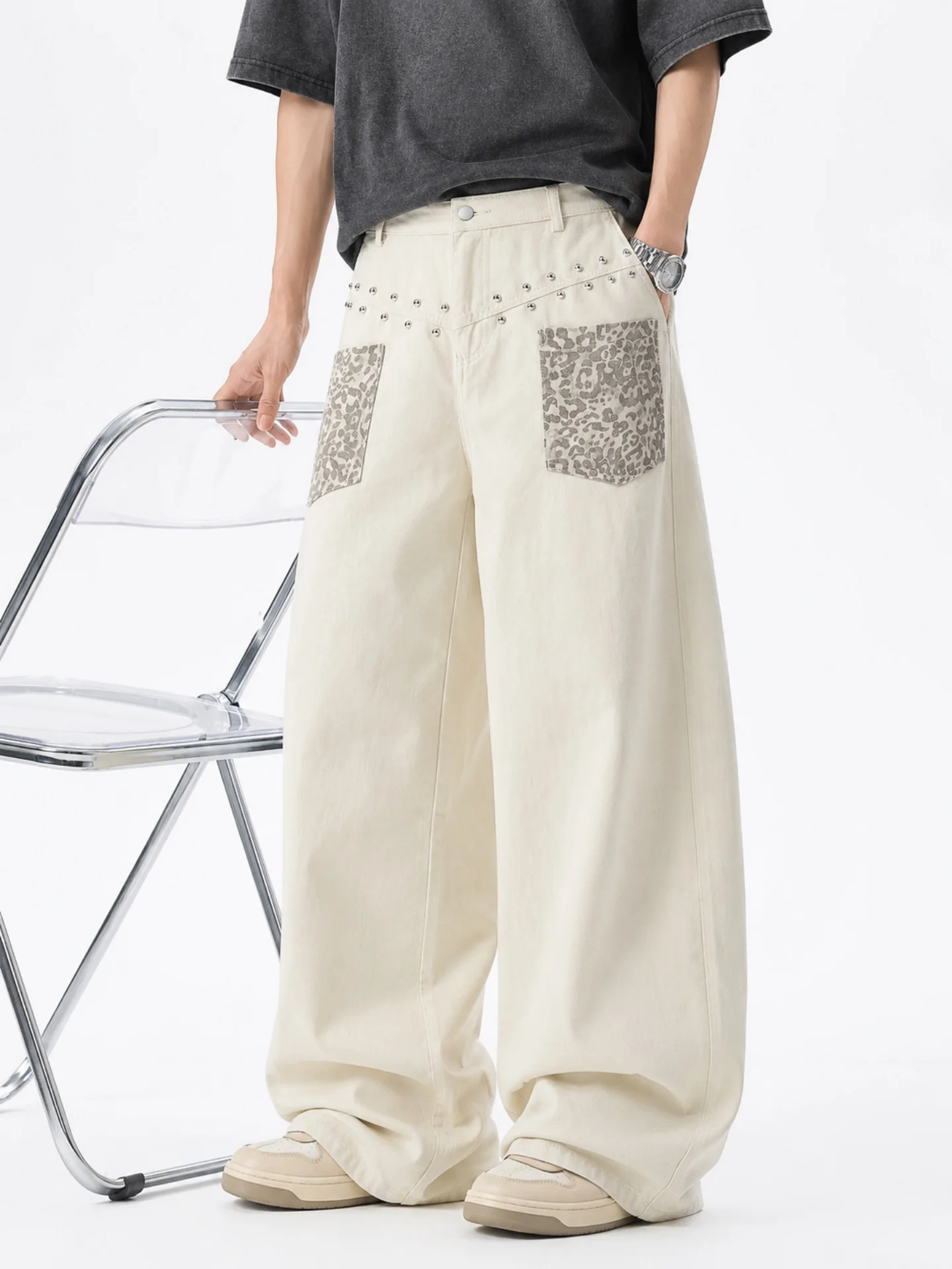 American Washed Leopard Print Patchwork Wide Leg Men's Jeans High Street Loose Drape Retro Rivet Design Knife  Pants