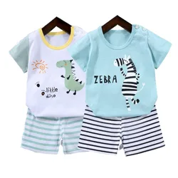 1-6 Years Kids Summer Tees+Stripe Shorts 2-piece Clothes Set Pajama Cotton Underwear Cartoon Zebra Dinosaur Print Sleepwear Suit