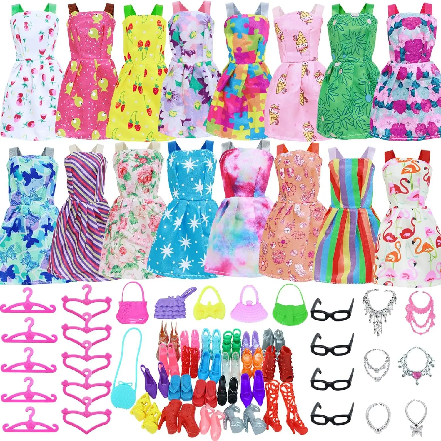 

44pcs 11.5-Inch Doll Clothing and Accessories Set: 10 Dresses 10 Pairs of Shoes 10 Hangers 6 Necklaces 4 Bags 4 Pairs of Glass