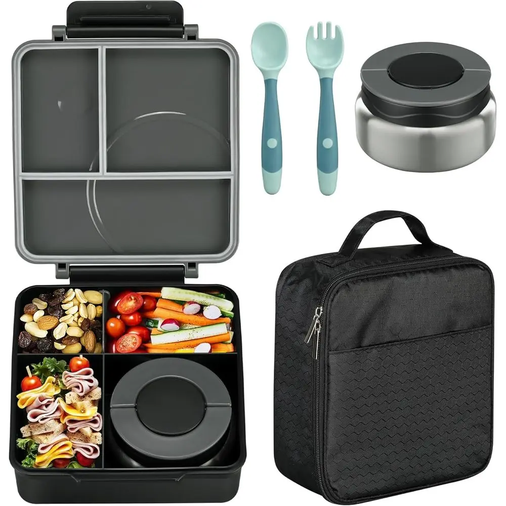 Lunchbox-Set mit 8oz Thermo-Suppenbehälter, Auslaufsichere Essensbehälter, 4 Fächer, Warmhaltebehälter und Isolierte Lunchtasche für Kinder