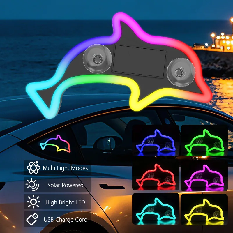 Car triangle side window solar decorative light colorful dolphin creative atmosphere light anti rear end collision warning light