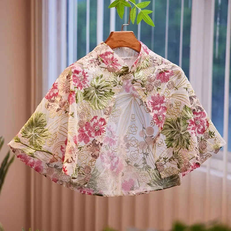 Women's Spring Summer Floral Embroidery Mesh Lace Pashmina Female Summer Sunscreen Lace Shawl Cloak R461