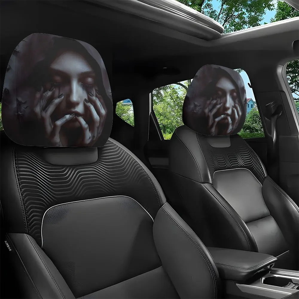 Gothic Style Ghost Print Headrest Covers, Washable Interior Accessories, Spooky Atmosphere Car Headrest Covers