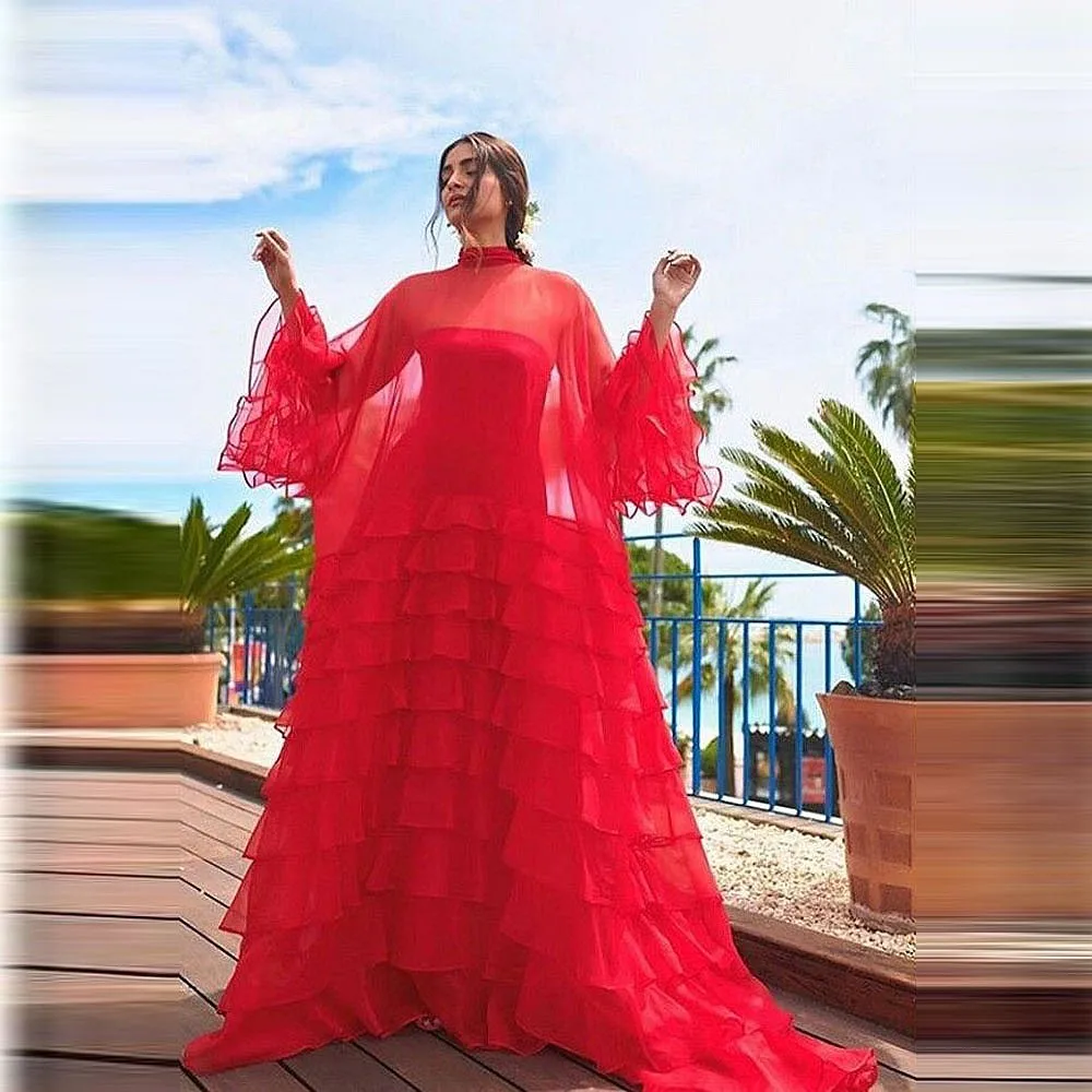 Czerwone długie sukienki plażowe Letnia sukienka wakacyjna Sukienka z długim rękawem na szyję Luźne suknie urodzinowe dla dziewczynek