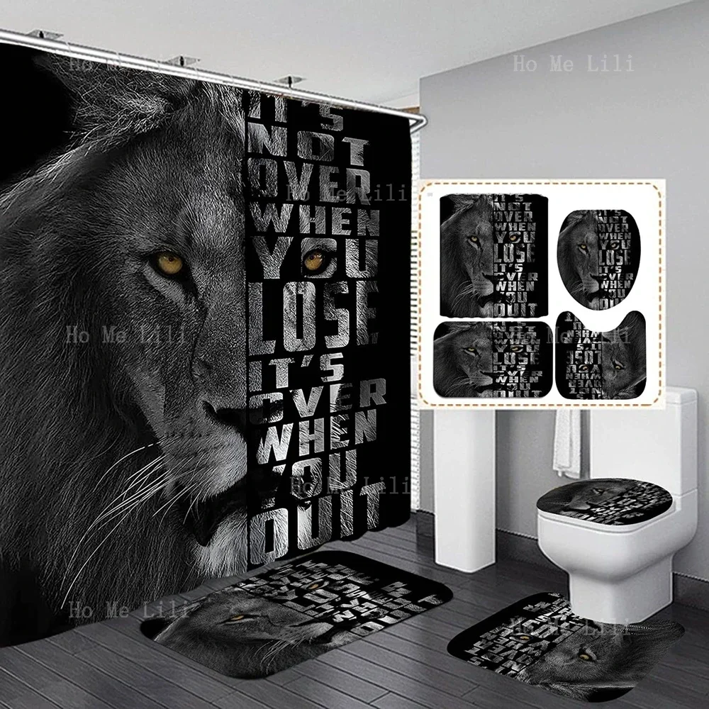 Wildlife Shower Curtain Majestic Lion King Inspirational Quote Bathroom Curtain Non-Slip Bath Mat Carpet Toilet Cover