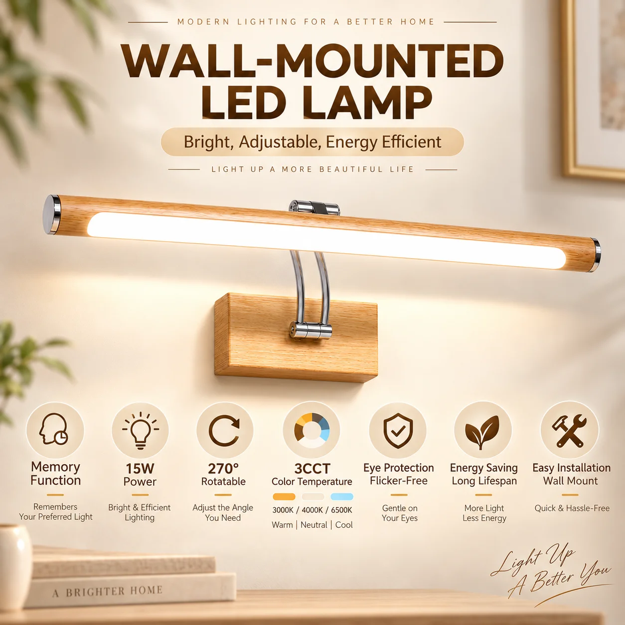 LED Wall Light Indoor 40CM Modern Wall Sconce Light 85-265V Bathroom Make Up Lighting 3 Colors Memory Function Wall Lamp Decor