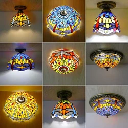 OUFULA Tiffany Ceiling Light American Countryside Bedroom Study Modern Creative Bar Counter Corridor Colored Glass Ceiling Light