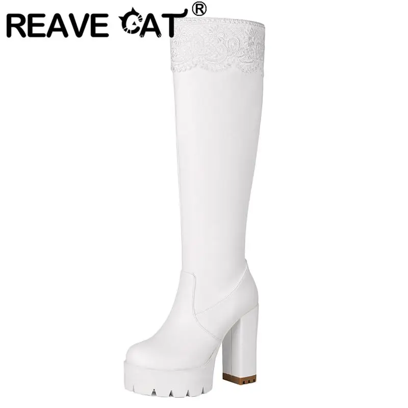 

REAVE CAT 2025 Гламурные женские сапоги до колена с круглым носком на массивном каблуке 11,5 см, на платформе 3,5 см, на молнии, большие размеры 48, 49 50, вечерние