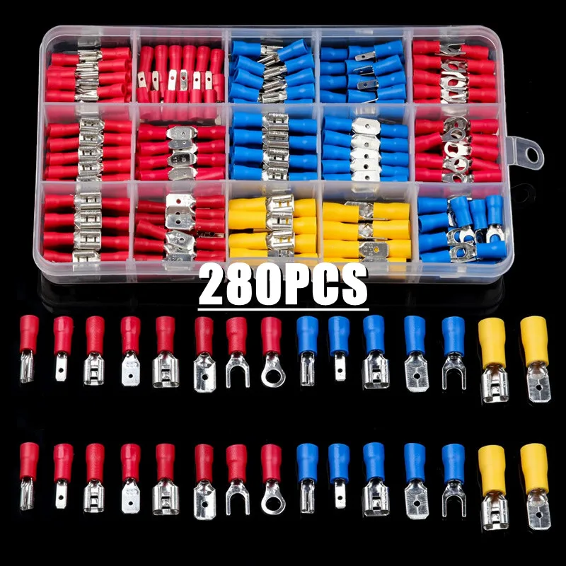 102/122/222/280/300pcs Assorted Spade Terminals kabel w izolacji Splice złącze stykowe drut elektryczny Crimp Ring widelec Lugs Kit