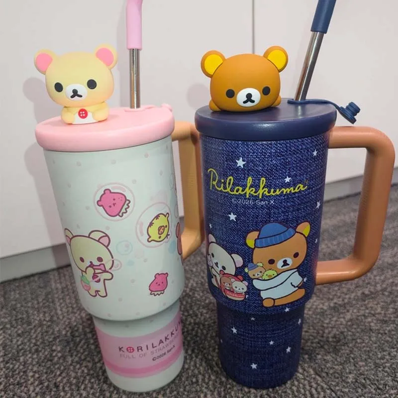 Rilakkuma Thermos Cup 970ml Stainless Steel Insulated Water Cup With Straw And Handle Car Insulated Water Cup Keeps Hot & Cold