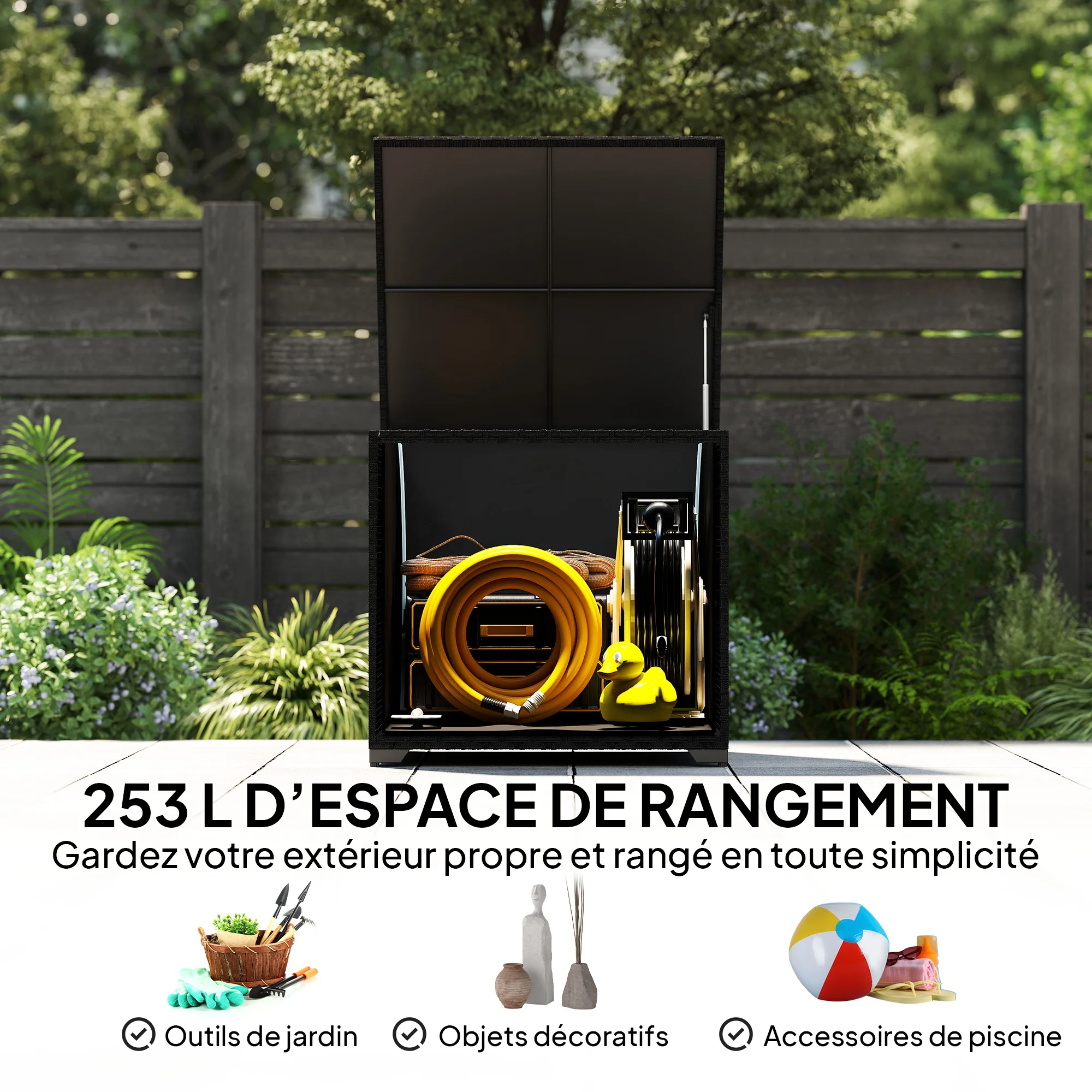 Outsunny Baúl de jardín de resina trenzada, baúl de almacenamiento exterior de 253 L, impermeable, con forro con cremallera, 72x72x70cm, negro