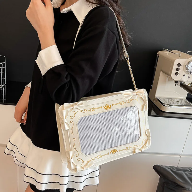 

Bowknot Decor Y2k Lolita Itabag Girl Transparent Pocket Harajuku Pain Handbag Chain Japanese Shoulder Bag PU Crossbody Bag Women