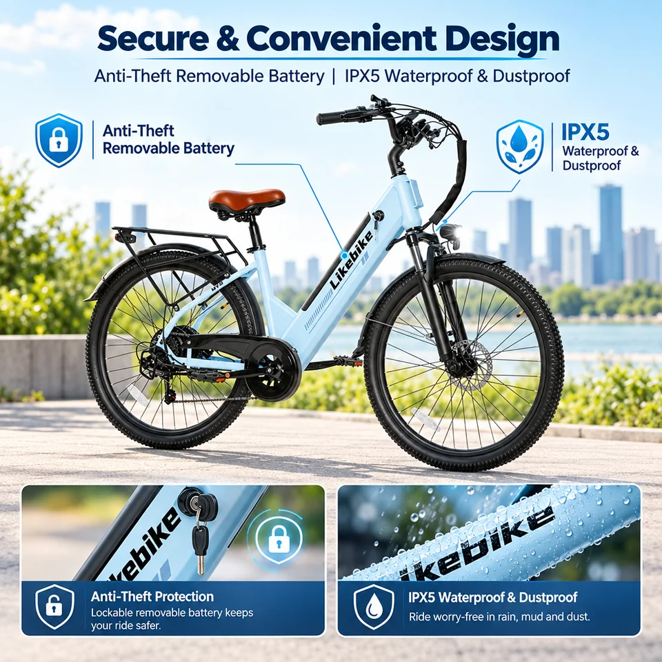 Electric Bike for Adults 500W Peak 1500W, 48V 13.5Ah Removable Battery, 26" Commuter E-bike 28MPH 85 Miles, Shimano 7-Speed, UL Certified image 9