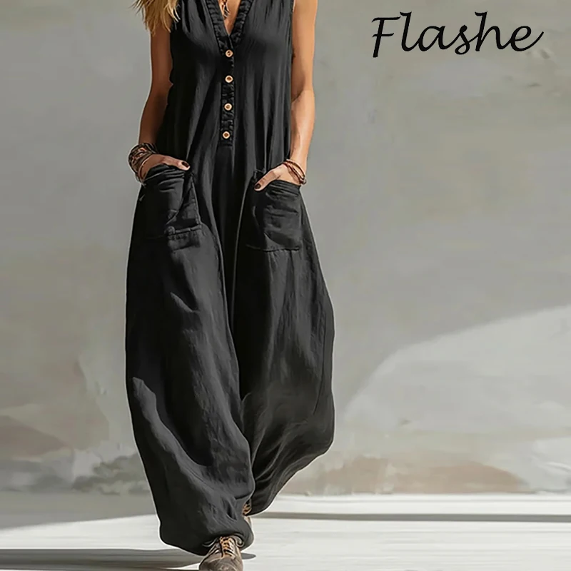 New Summer Sleeveless Cotton Linen Jumpsuit Women Casual V Neck Loose Wide Leg Pants Jumpsuit Women Casual Commuting Bodysuits