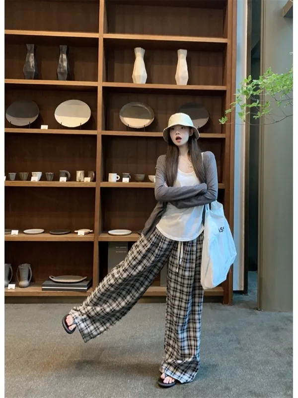 Conjunto de Pantalones Anchos a Cuadros y Chaleco de Punto con Protección Solar, Estilo Coreano, Moda Casual, Primavera-Verano 2026 para Mujer