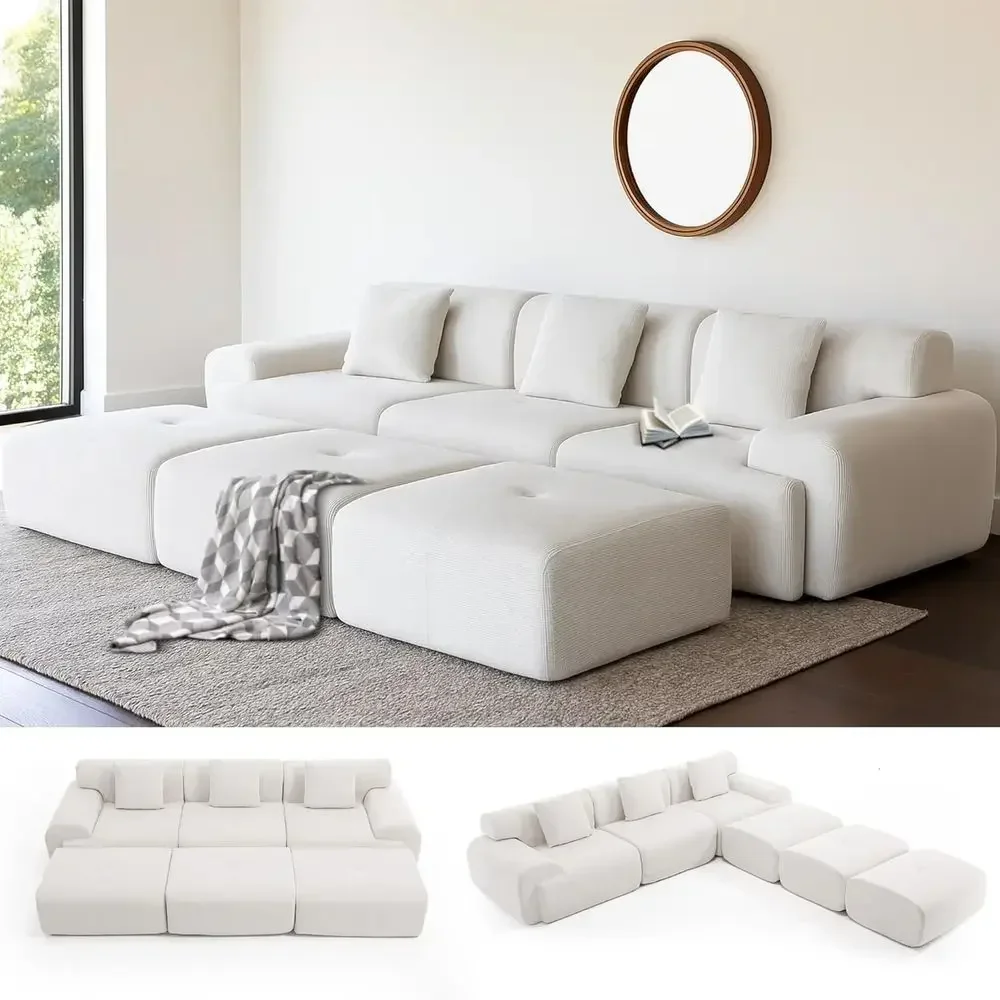 

L-Shape Cloud Sofa with Corduroy Upholstery, Deep Seating and Movable Ottoman, Ready to Use, Suitable for Living Room, Bedroom,