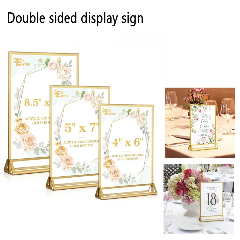 3D Transparent Gold Borders Double-sided Acrylic Sign Holder Wedding Table Number Card Creative Desktop Menu Clip Decoration