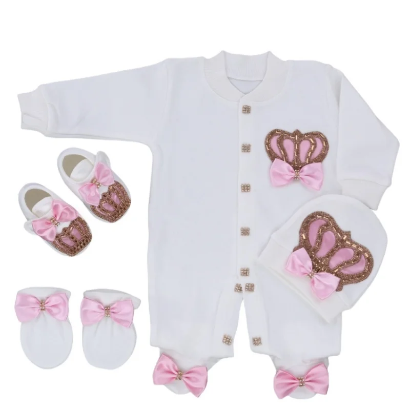 Footed Romper Newborn 0-9 Months 4 Piece Set White Pink Crown Bow Princess Boutique Baby Shower Gift With Hat Mittens Shoes