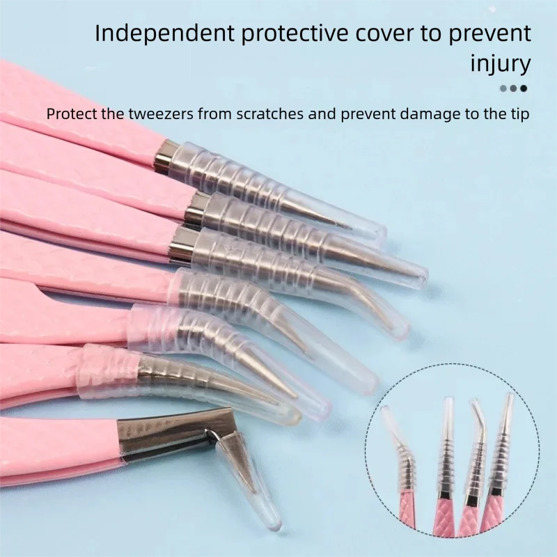 Pinzas de extensión de pestañas plateadas y rosas, pinzas precisas con patrón de fricción de malla de acero inoxidable con cubierta protectora, herramientas de maquillaje