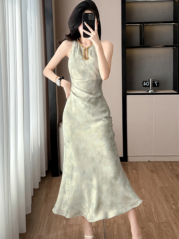 2025 nova impressão sem mangas chique diamantes luxo vestido longo feminino elegante babados vestido de verão coreano bodycon festa vestidos