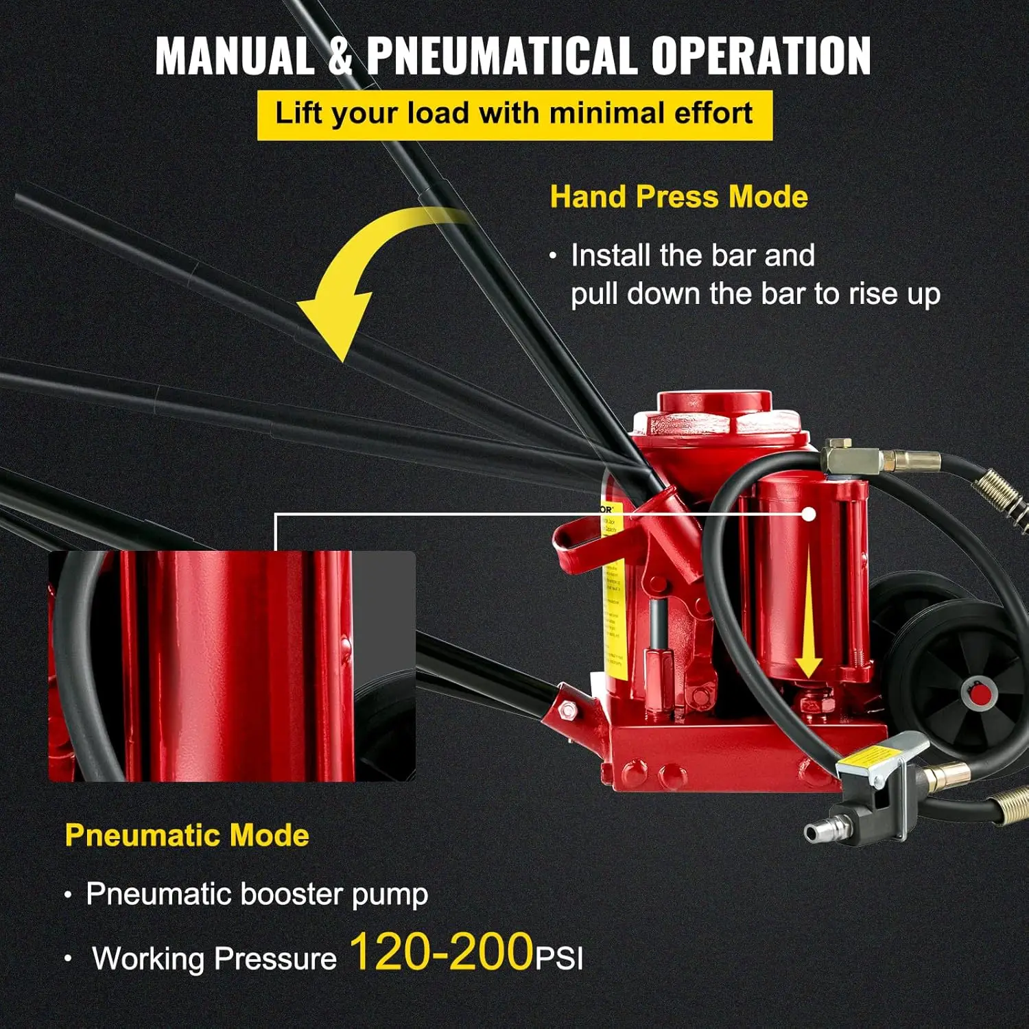 Jack garrafa hidráulica de ar, altura máxima 17 ", bomba manual e pneumática, aço robusto, 50 Ton, 110231lbs