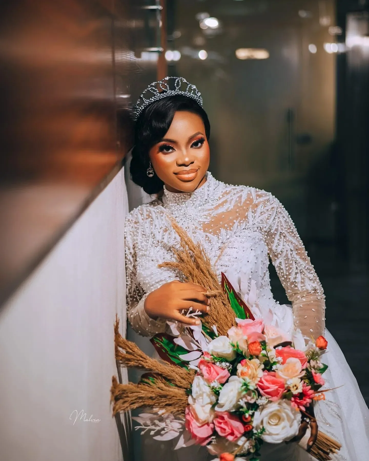 Customized High Collar Sparkly Beads Appliques  Mermaid  Wedding Dress Detachable Train  Long Sleeves Illusion Back  Bridal Gown