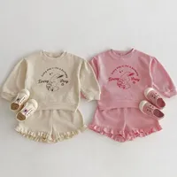 New Baby girls spring Waffle Clothing Set Children 2Pcs Long Sleeve Sweatshirt + Ruffle Shorts Casual Clothes Suits