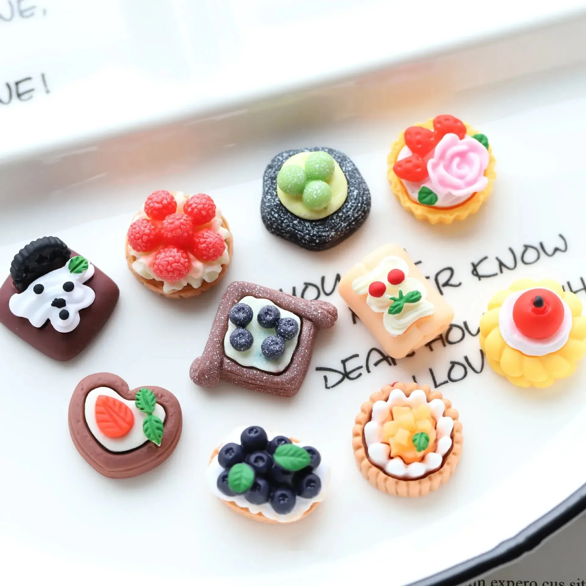 10Pcs Realistic Mini Dessert Resin Set, Chocolate Cream Fruit Cake Figurines, Blueberry Strawberry Matcha Rose Tiny Food Decor