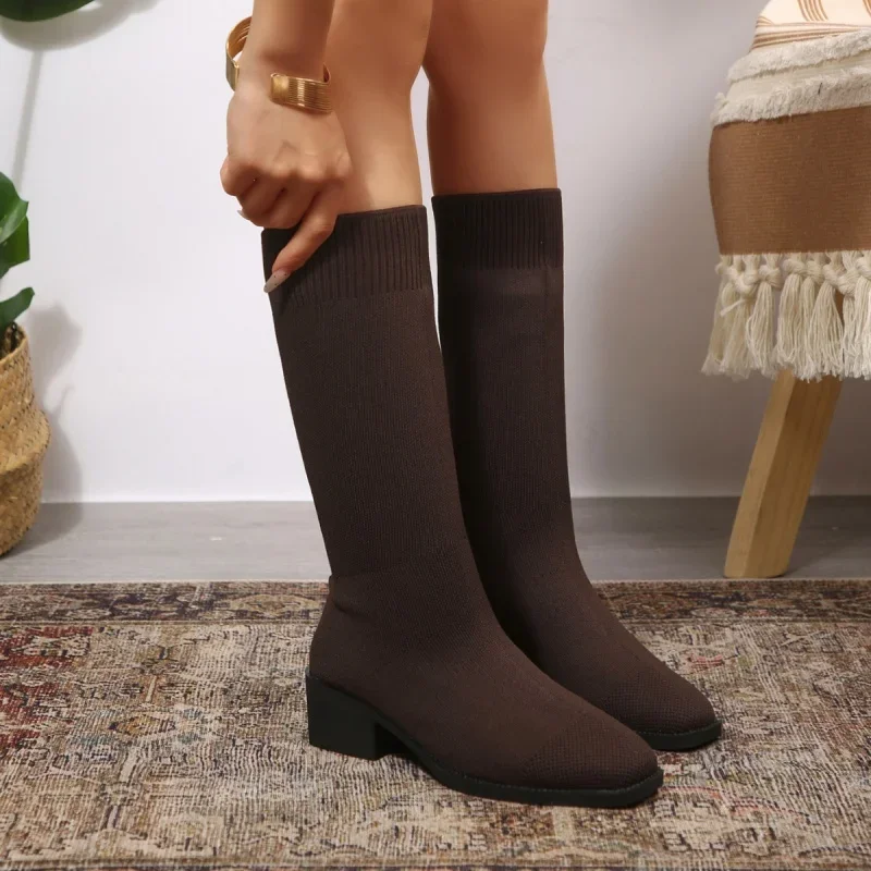 Fashionable Hot Selling Sexy Elegant Work Boots for Women Winter New Round Toe Square Heel Comfortable Casual Mid Length Boots