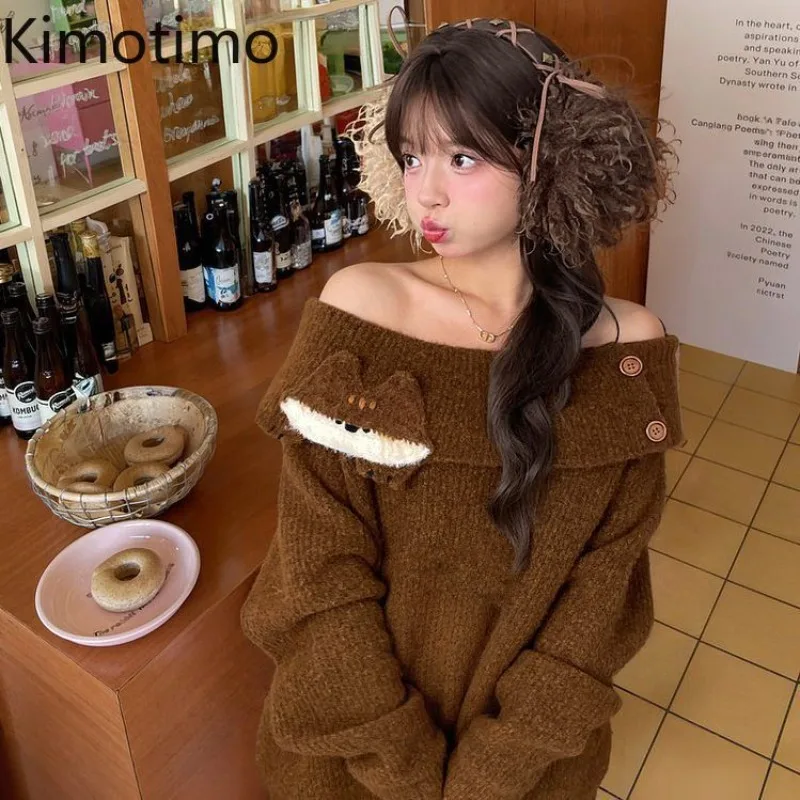 

Kimotimo Chic Slash Neck Sweater Women Autumn Winter Preppy Style Loose Long Sleeve Pullover Vintage Fashion Versatile Knit Tops