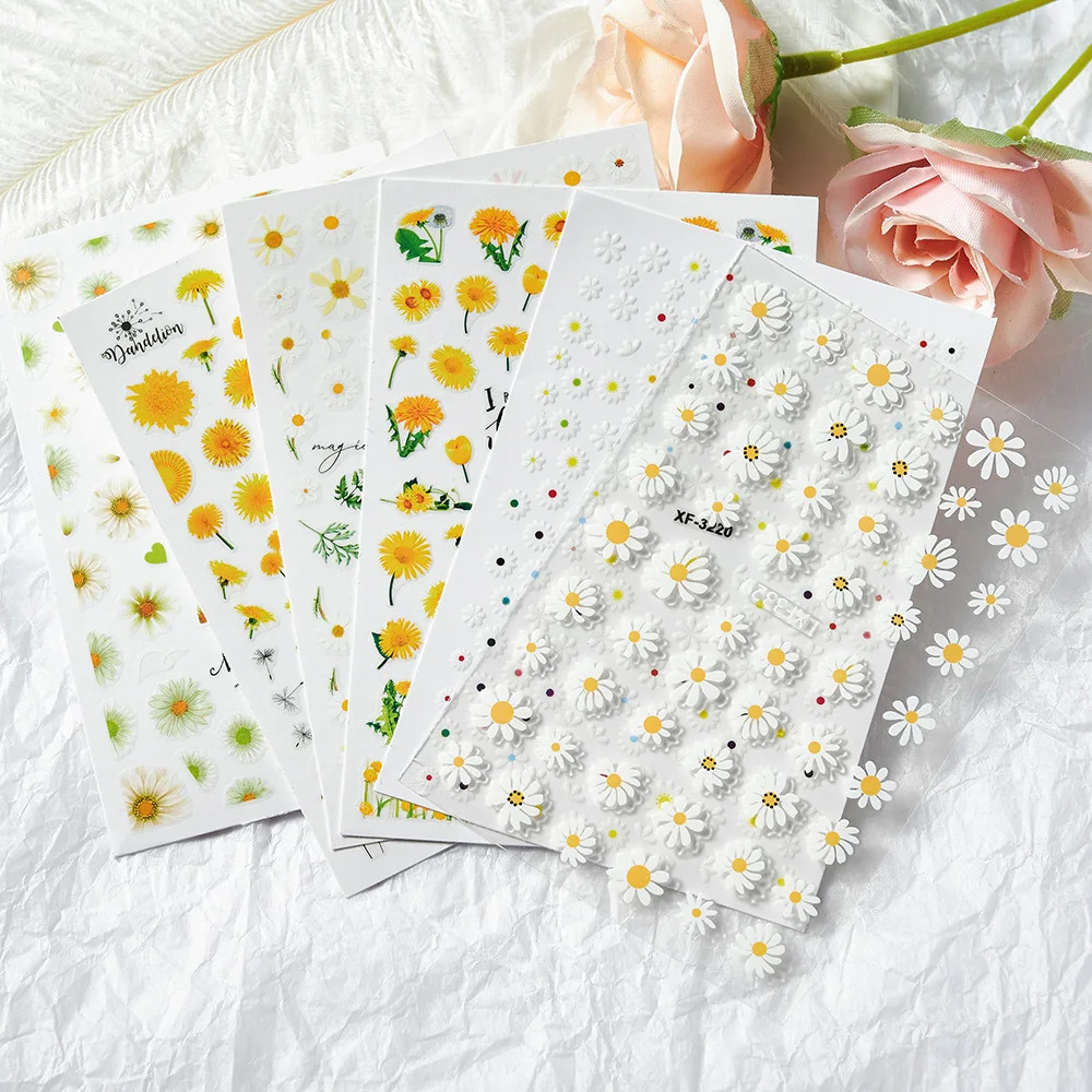 12pcs Flower Daisy Nail Art Sticker Decoration Manicure Acrylic white Flower Design Sticker Adhesive Decal Summer DIY Decor &Q71