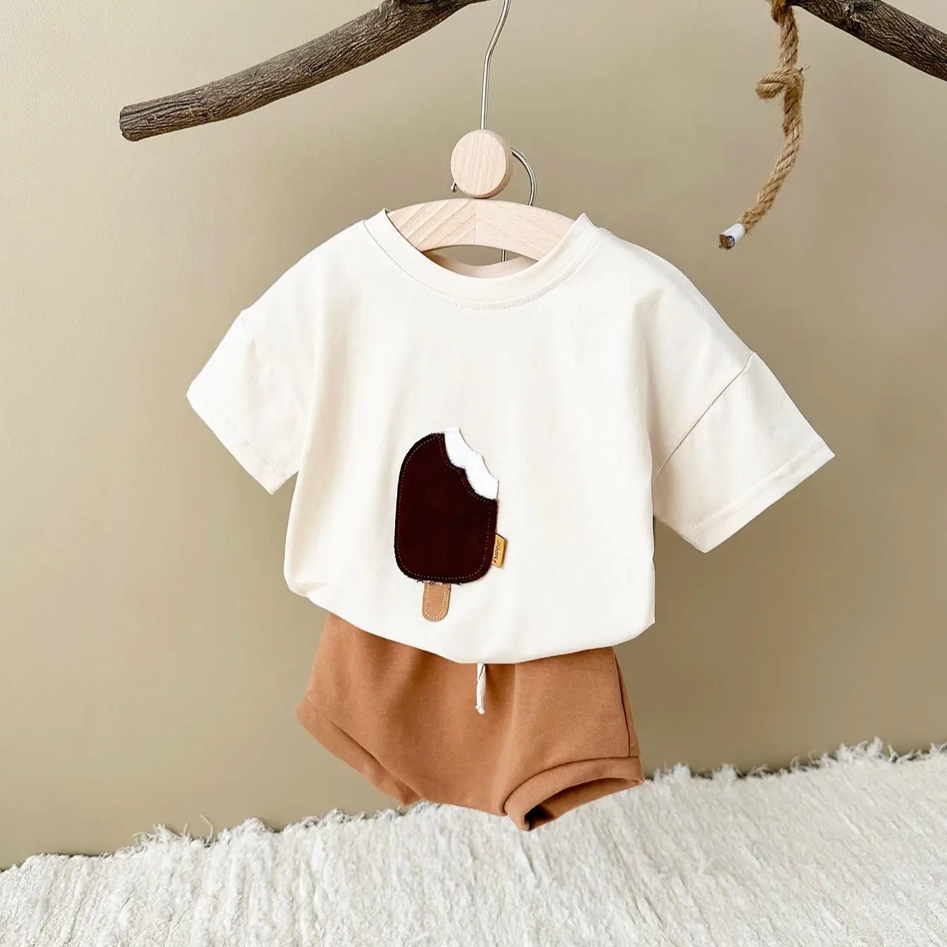 Newborn Summer Baby Children Clothing Set Boy Girl 2PCS Ice Cream Patch T-shirt+Triangle Shorts Cotton Infant Suit Kids 0-3Y