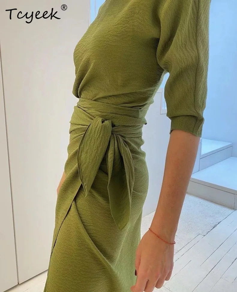 Tcyeek 17mm 100% vestido de chá de seda amoreira, mulher pérola cetim fora do ombro meia manga moda maxi vestido, 2025 summerd54604jf