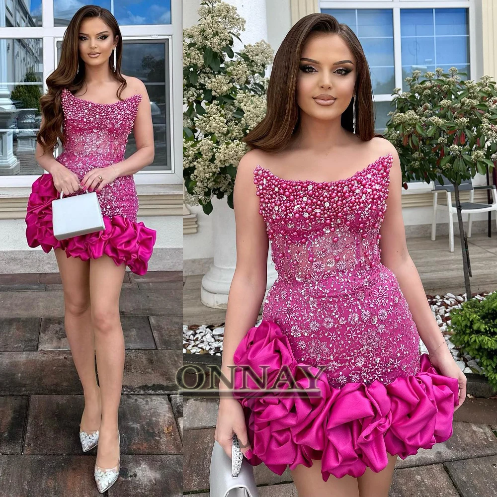 

Customized Fuschia Bodycon Beads Homecoming Dresses Ruffles Saudi Arabric Bespoke Cocktail Prom Party Gown Vestidos De Noche